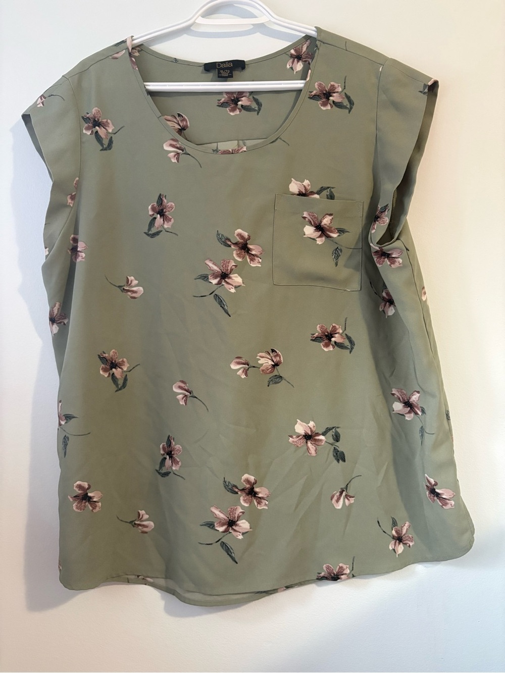 Dalia Sage Green Floral Pocket Blouse with Pink Blossoms